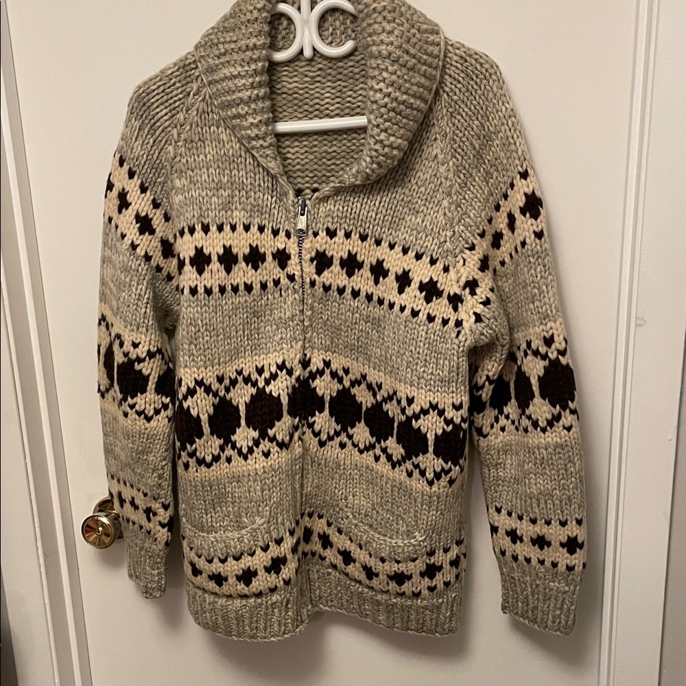 Cozy Shawl Collar Zip-Up Sweater Jacket - Taupe & Cream Fair Isle  -Cowichan